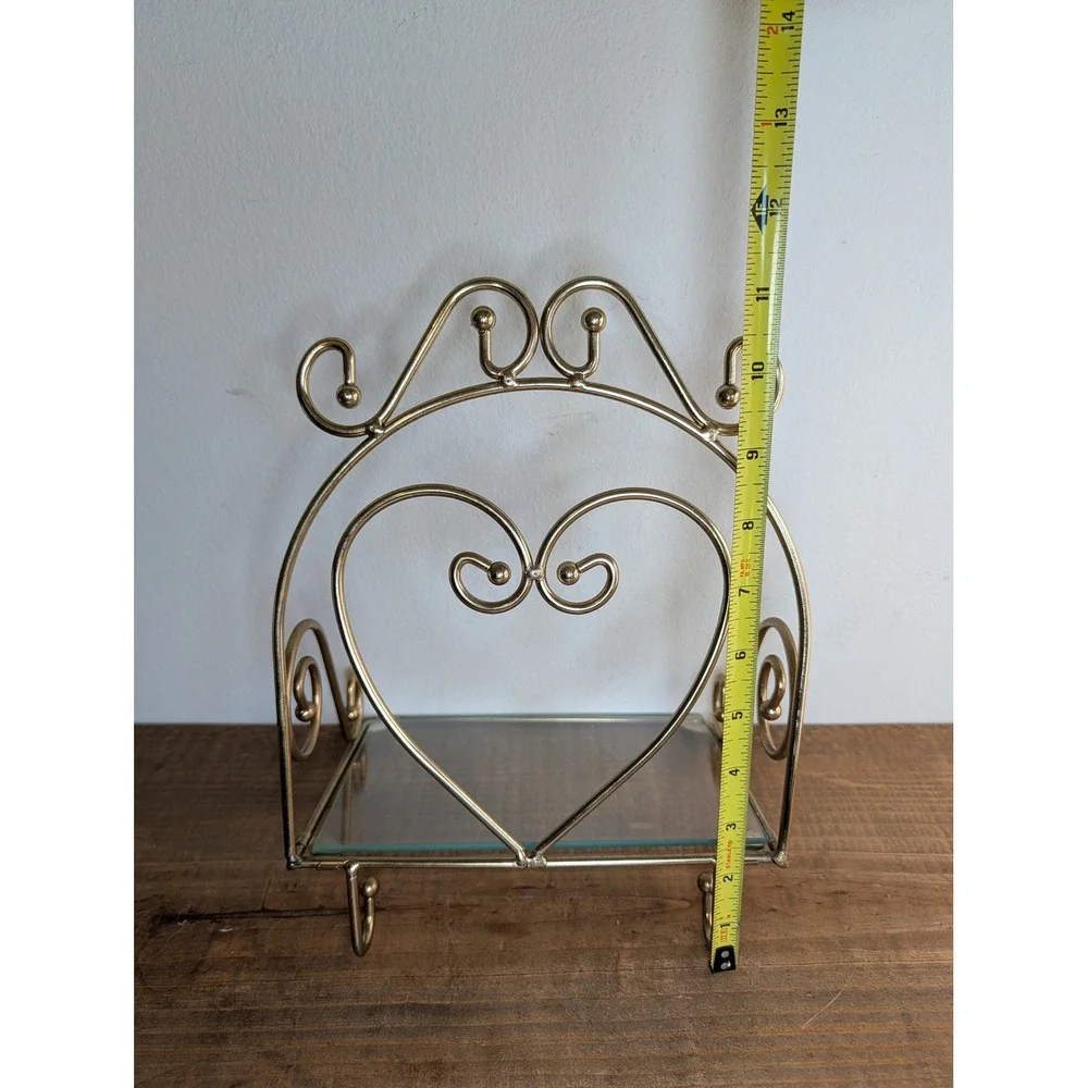 Home Interior Vtg Heart Gold Metal Glass Wall Shelf Ornate Scrollwork 2 Hooks